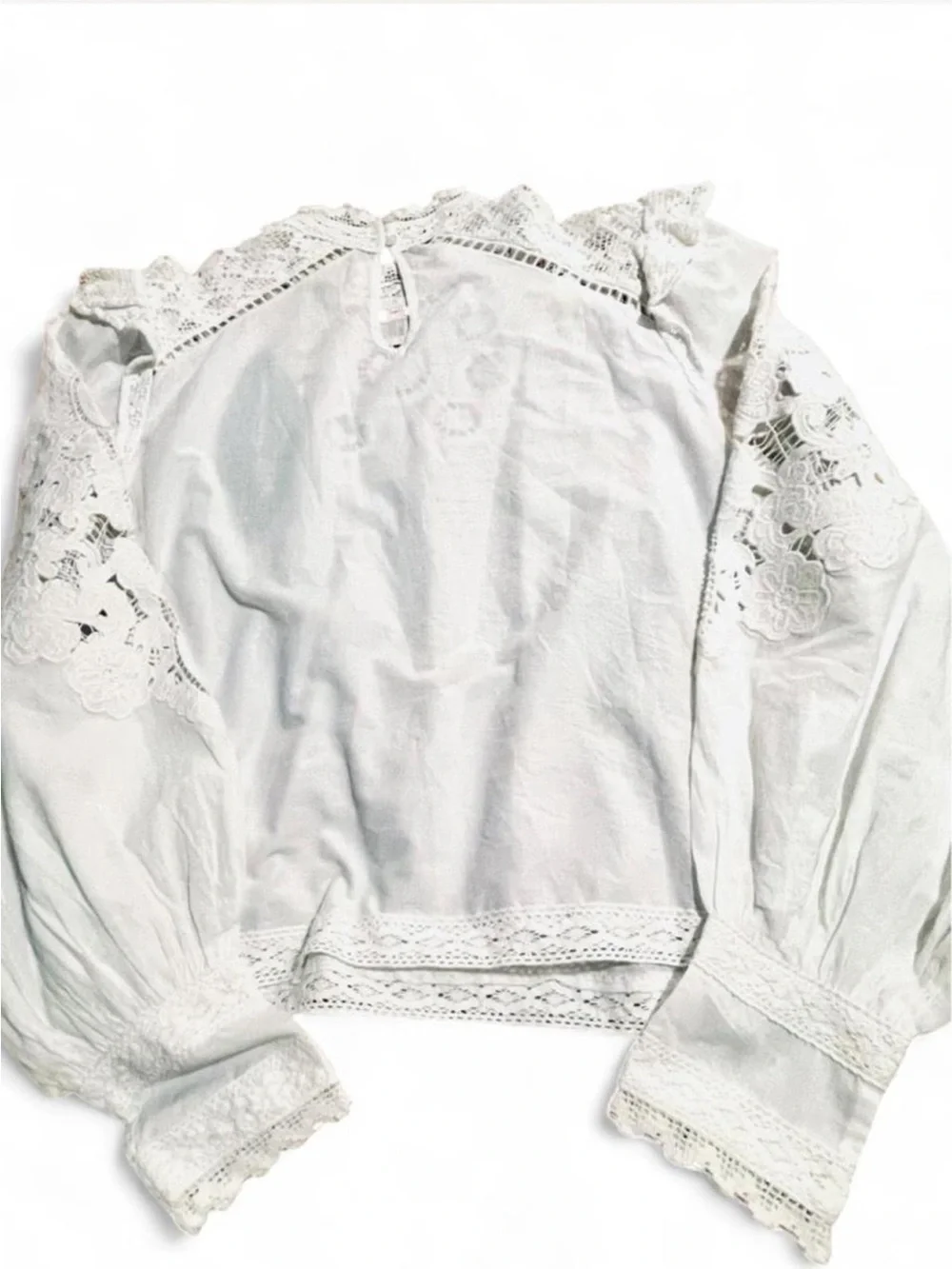 FARM Rio Cream Lace Crochet Puff-Sleeve Blouse